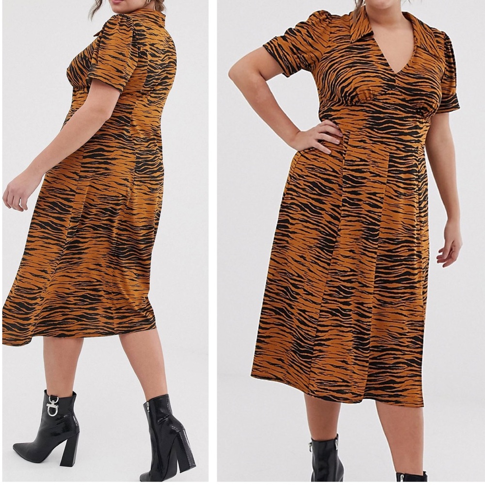 NEW ASOS Design Curve Tiger Animal Print Midi Tea Dress